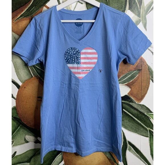 Life is Good Small Crusher Tee Short Sleeve V Neck Shirt Blue Cotton - Picture 1 of 6